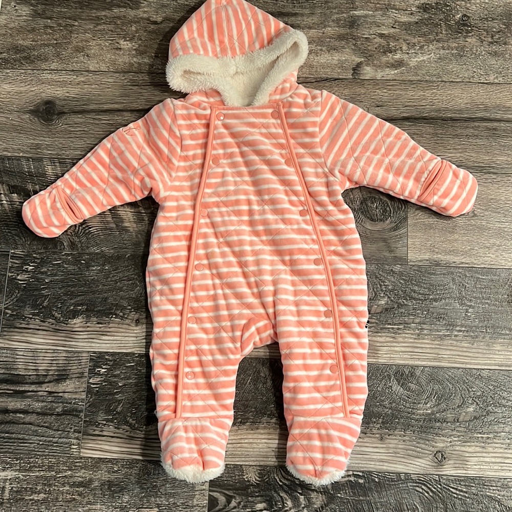 Nautica 6-9 months baby girl snowsuit coral pink white cotton lined guc